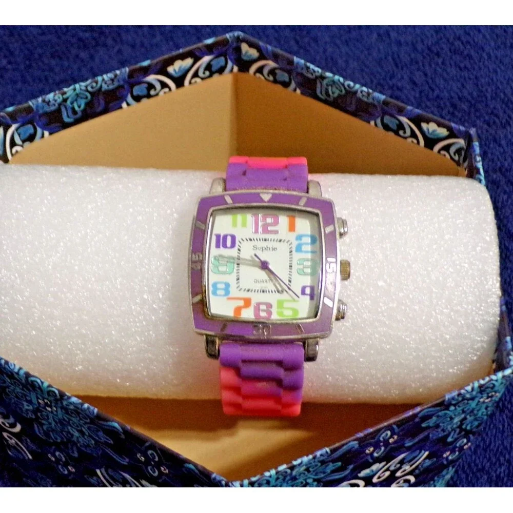 Sophie Girl's or Women's Wrist Watch Purple & Pink Buckle Band Rainbow Face Boxd
